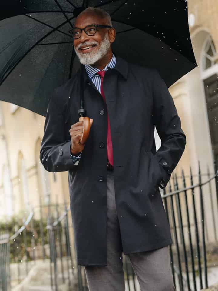 Men's Navy Luxury Wool Blend Mac Coat On Model