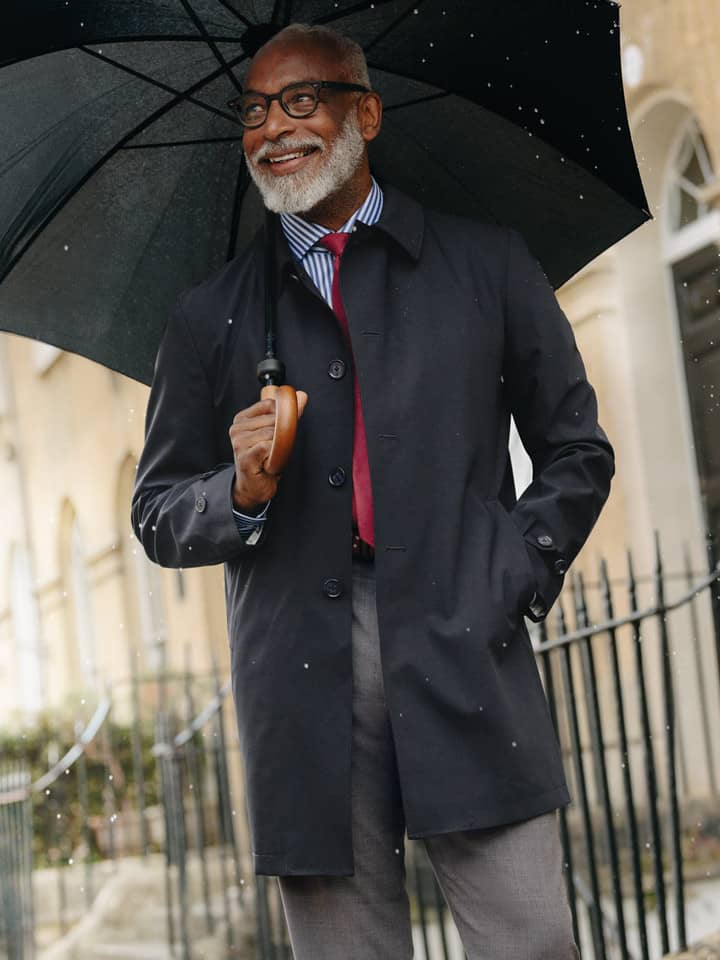 Men's Navy Luxury Wool Blend Mac Coat On Model