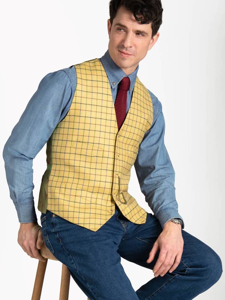 Model wears Wool and Silk Tattersall Waistcoat