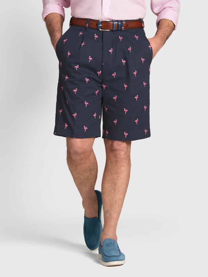 Men's Flamingo Embroidered Cotton Pleated Shorts