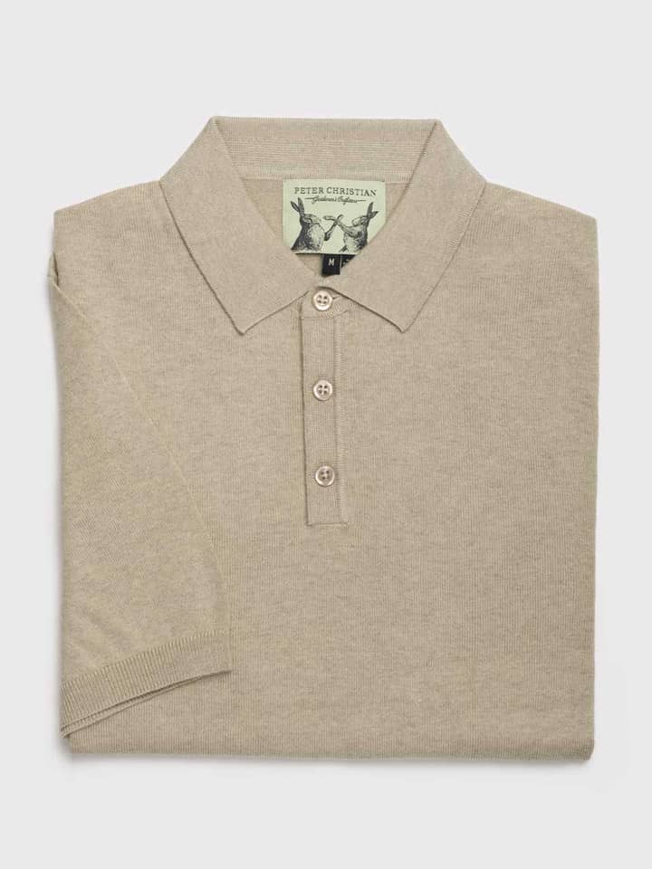 Men's Taupe Beige Fine Knit Cotton Polo Shirt Folded