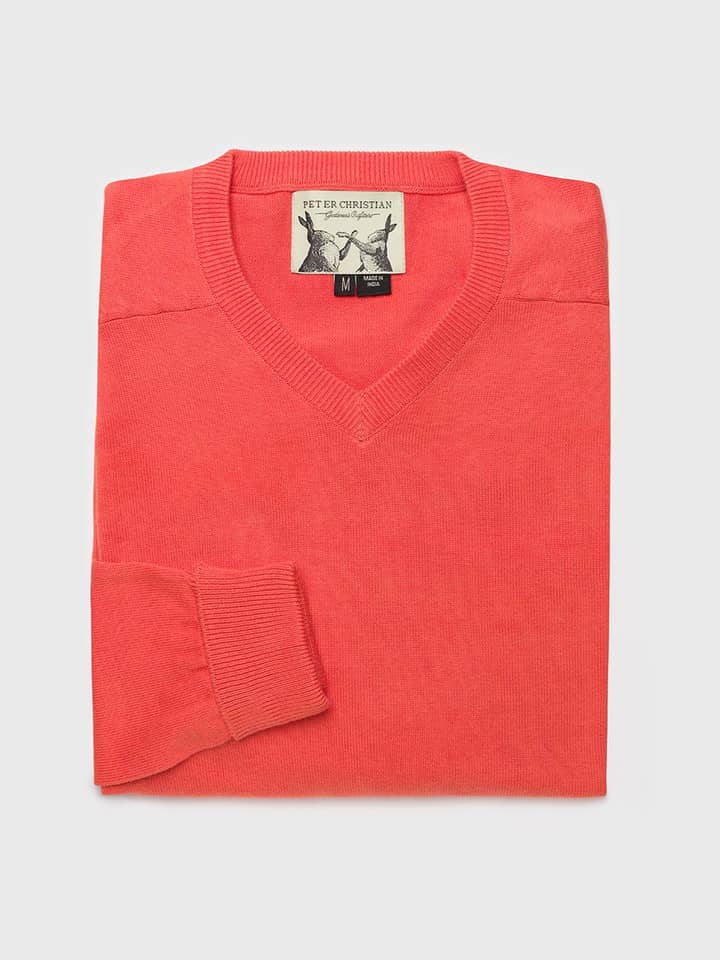 Men's Coral Cotton V Neck Jumper Folded