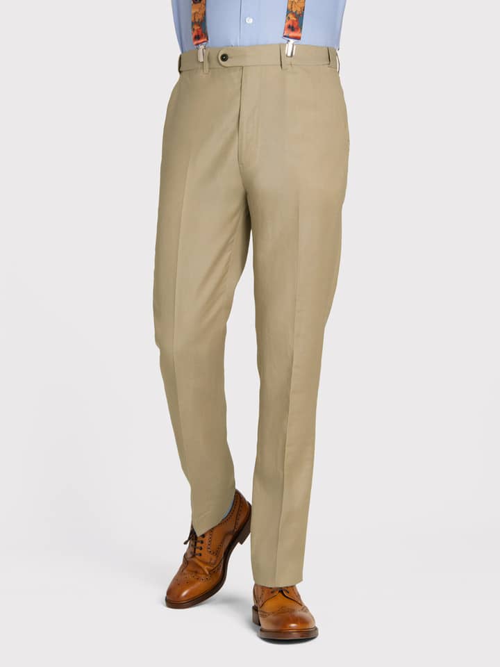 Mens Sand Linen & Wool Trousers On Model