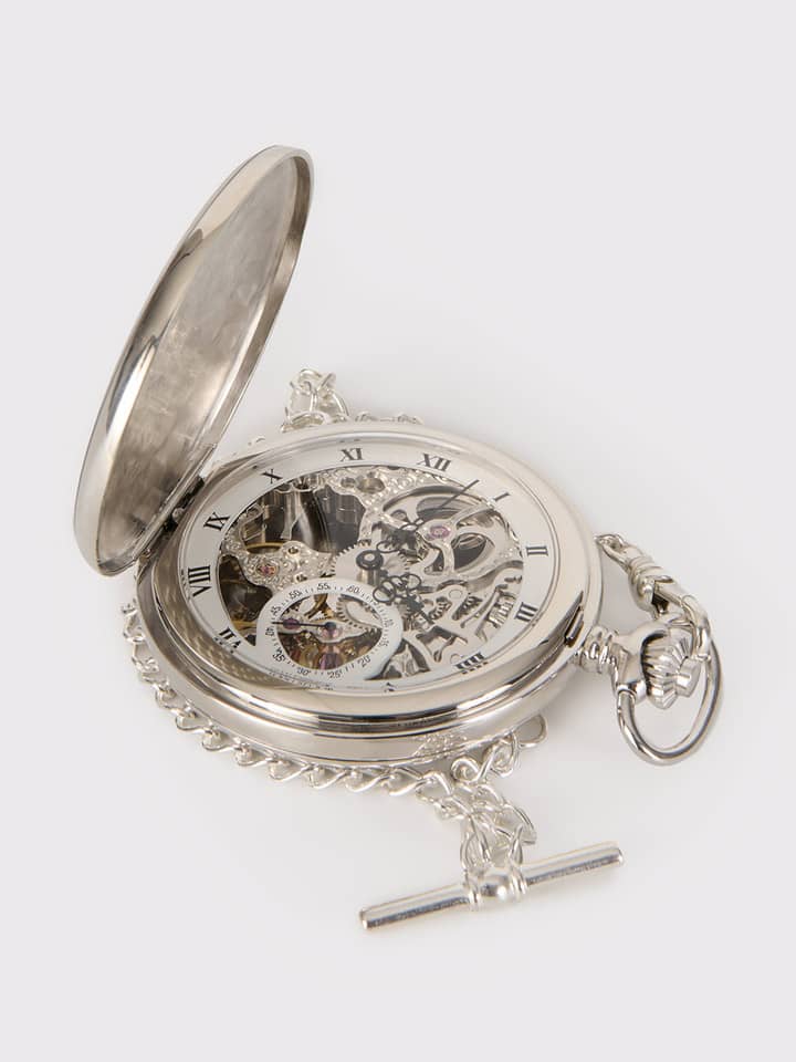 Jean Pierre Full Hunter Polished Sterling Silver Skeleton Pocket Watch Close-up Open