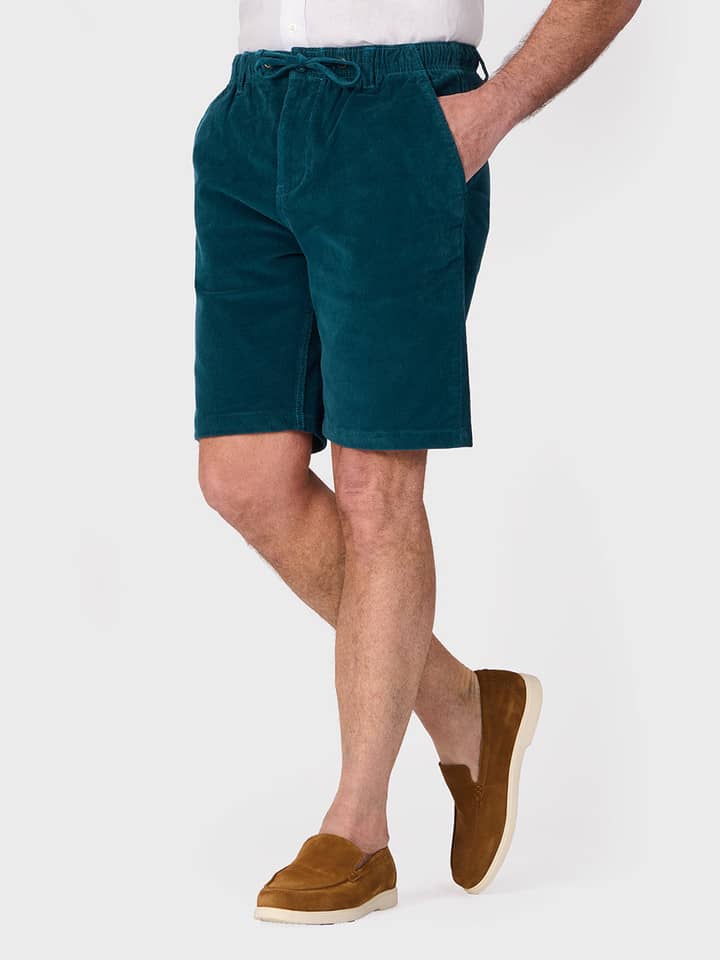 Mens Blue Corduroy Drawstring Shorts On Model