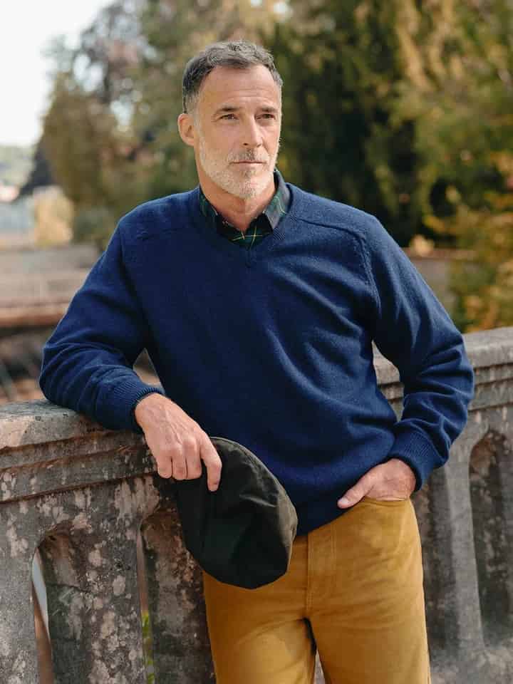 Navy Lambswool V-Neck Jumper Model