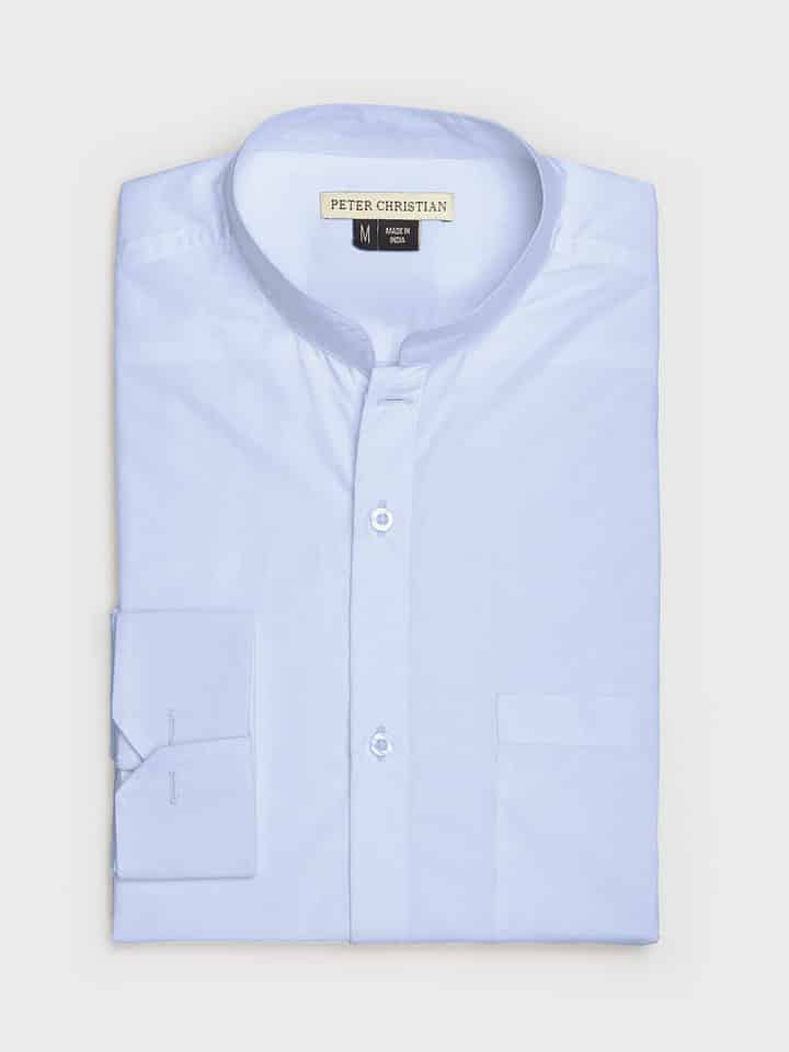 Double Cuff Blue Nehru Collar Shirt