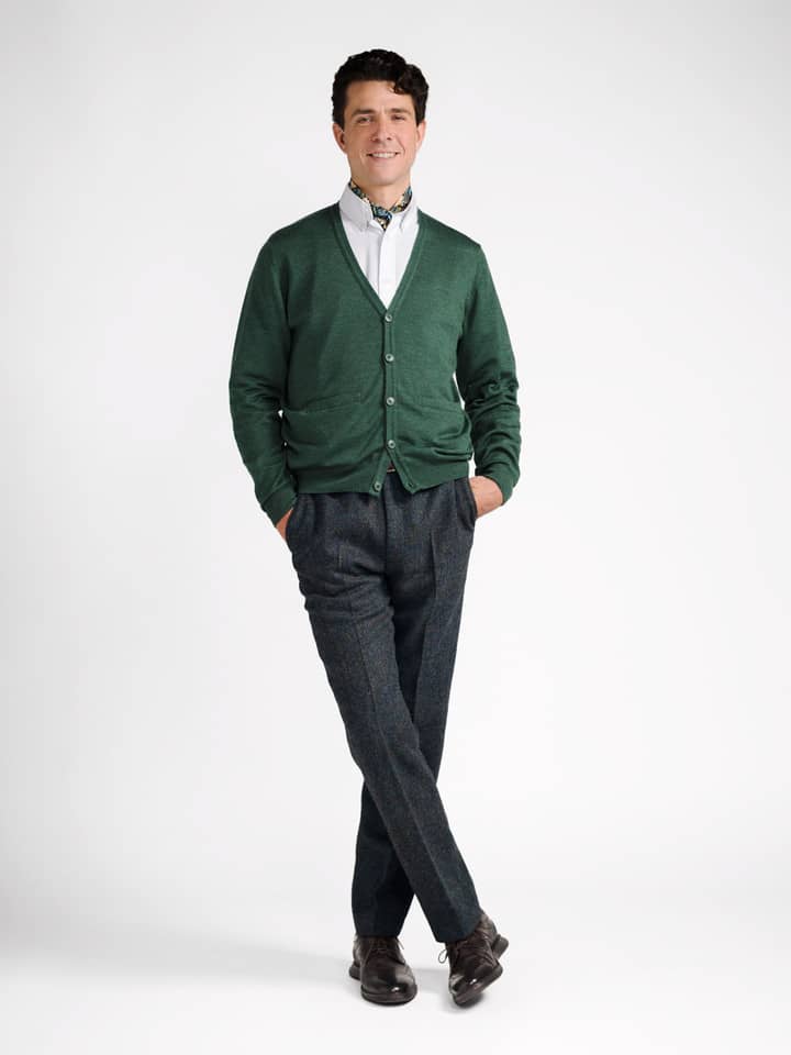 Model wears Pine Merino Cardigan