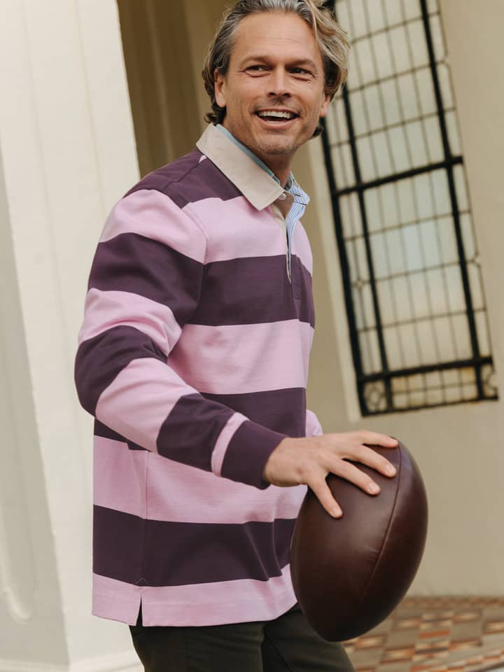 Model Wears Pink Striped Rugby Shirt