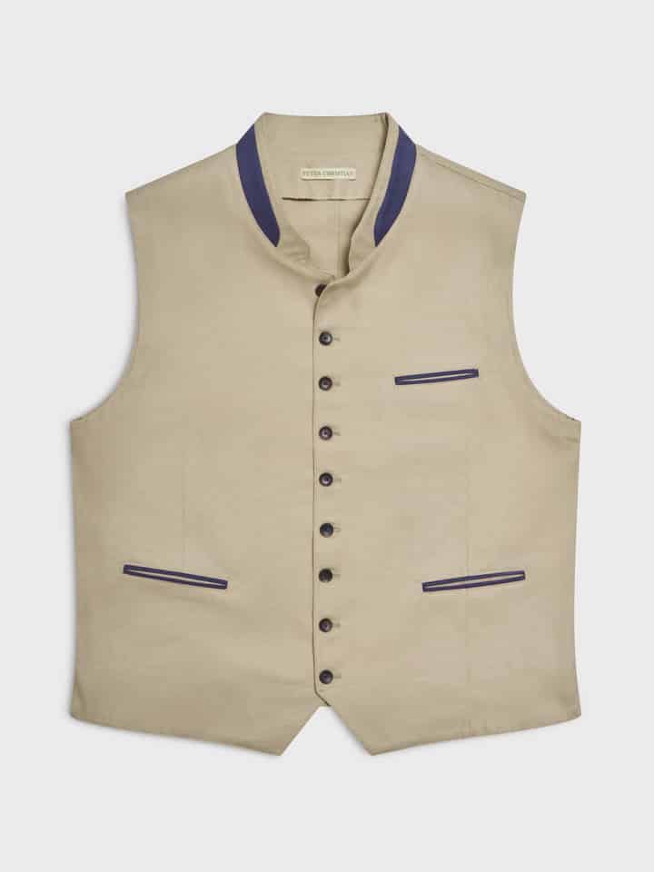 Mens Sand Cotton Canvas Waistcoat Flat Front