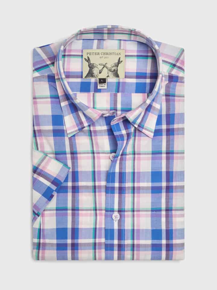 Mens Folded Blue & Pink Short Sleeve Check Shirt