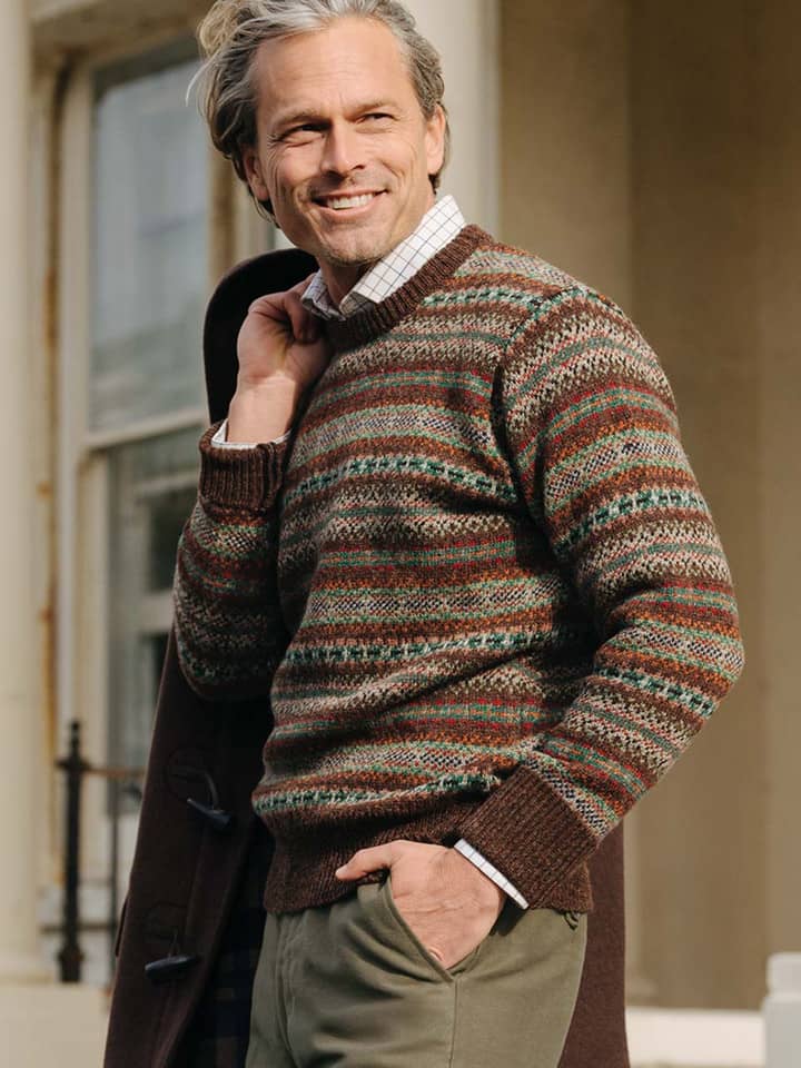 Men's Brown Fairisle Knitted Crew Neck Jumper On Model