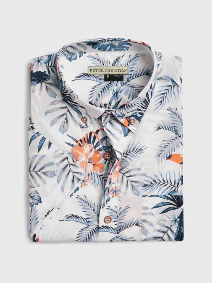 Mens White Floral Hawaiian Shirt Folded