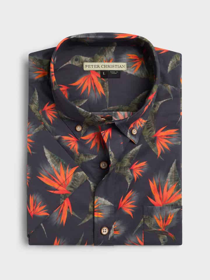 Mens Navy Hummingbird Floral Hawaiian Shirt Folded