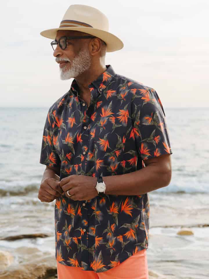 Mens Navy Hummingbird Floral Hawaiian Shirt on Model