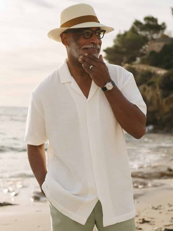 Mens White Textured Cotton Revere Collar Shirt on Model