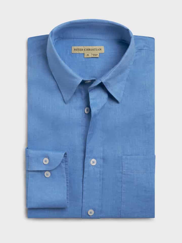Mens Blue Linen Long Sleeve Shirt Folded