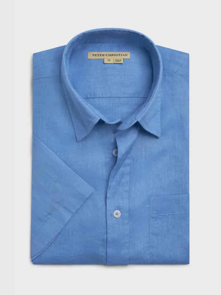 Blue Short Sleeve Linen Shirt Folded
