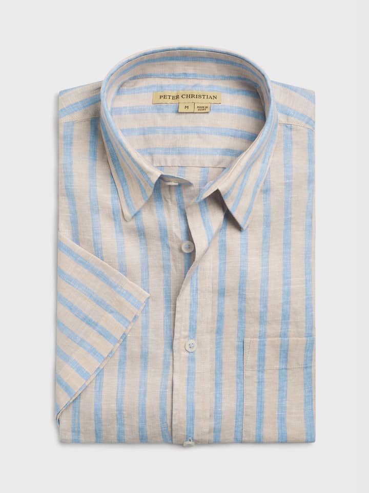 Blue-Natural Stripe Linen Short Sleeve Shirt Folded