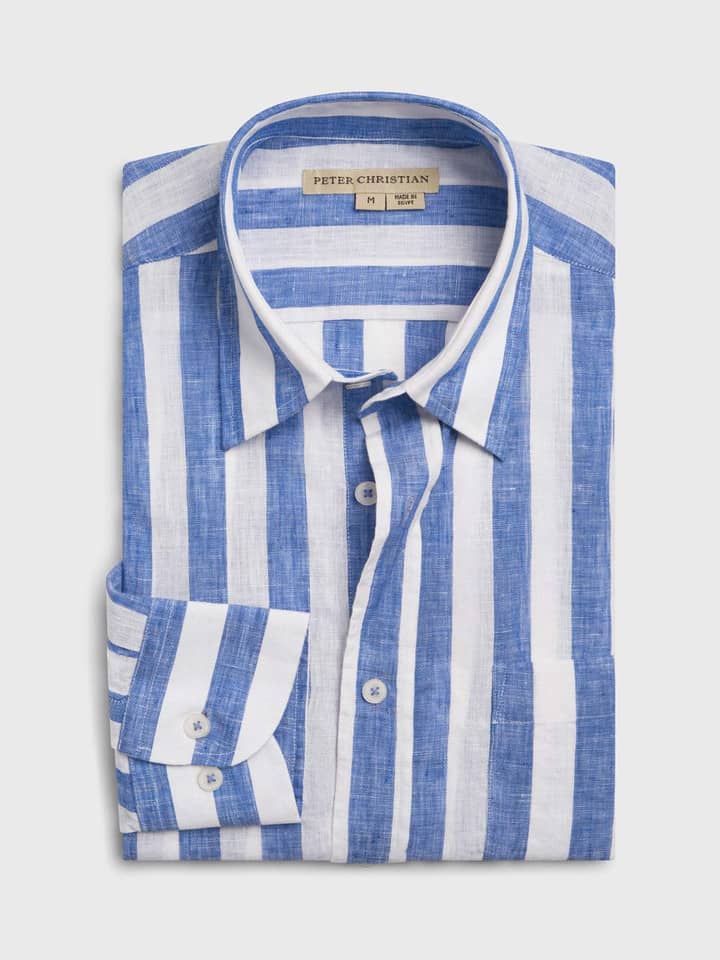 Blue & White Stripe Linen Long Sleeve Shirt