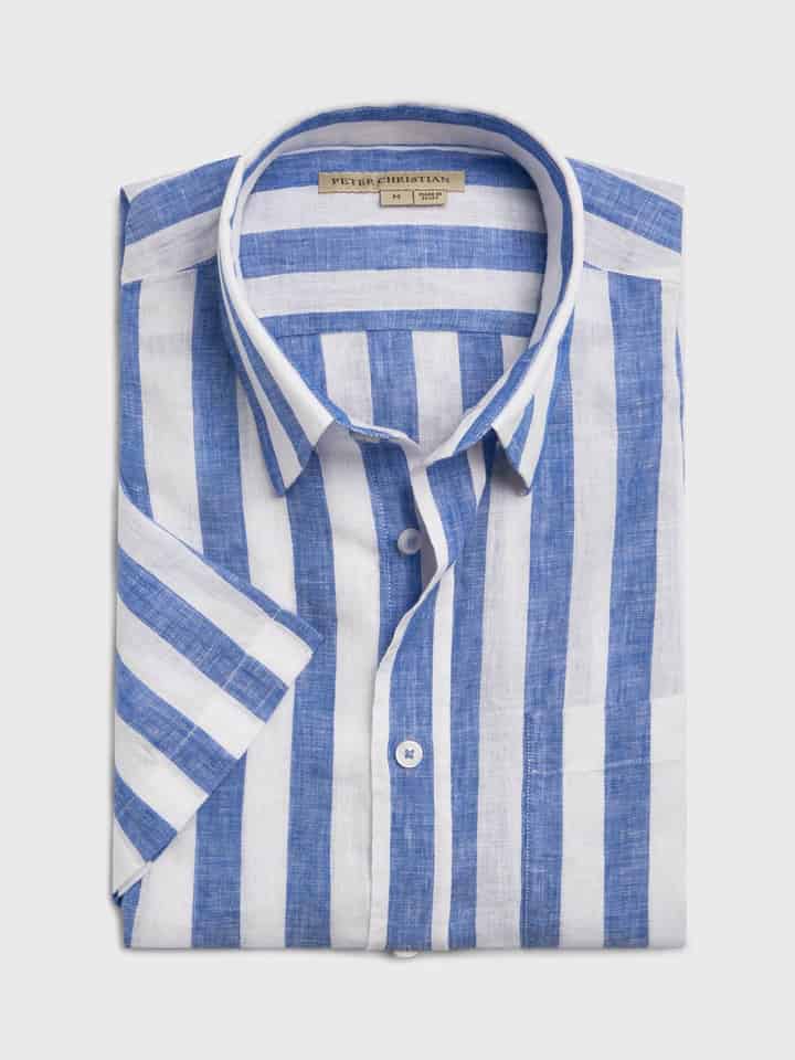 Blue & White Stripe Linen Short Sleeve Shirt
