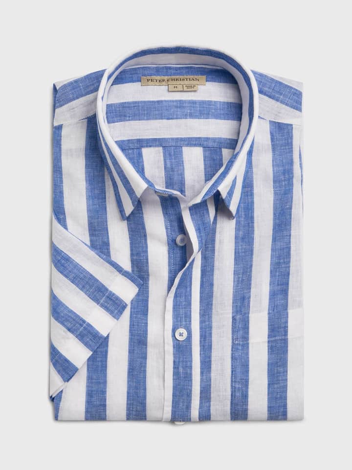 Blue & White Stripe Linen Short Sleeve Shirt