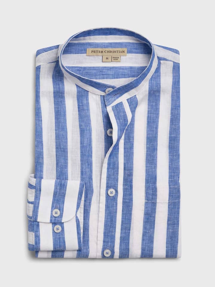 Blue & White Stripe Linen Nehru Shirt