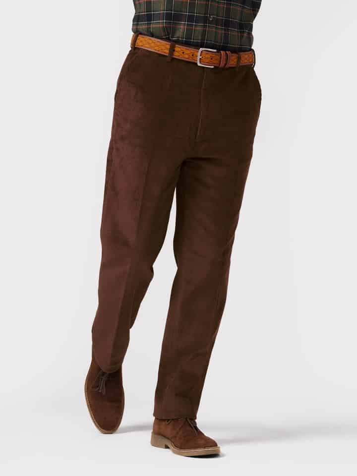Mens Conker Flat Front Corduroy Trousers on Model