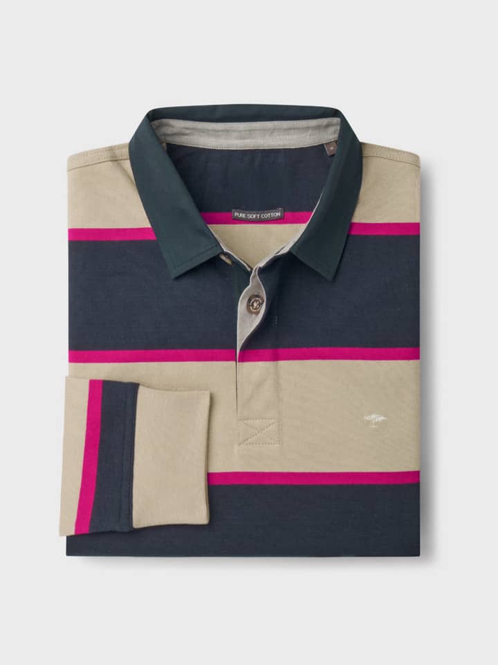 Mens Navy and Stone Striped Rugby Top Folded
