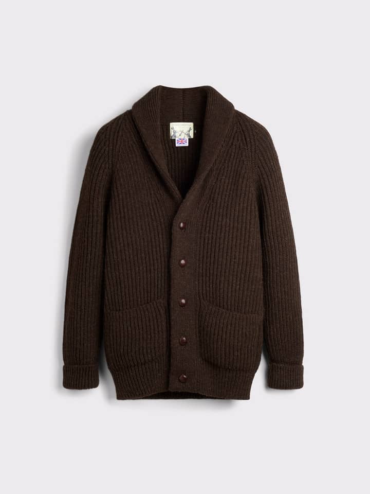 Mens Espresso Shawl Neck Cardigan Hanging Front