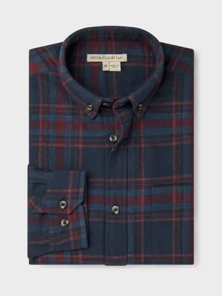 Mens Navy & Burgundy Brushed Check Shirt Folded