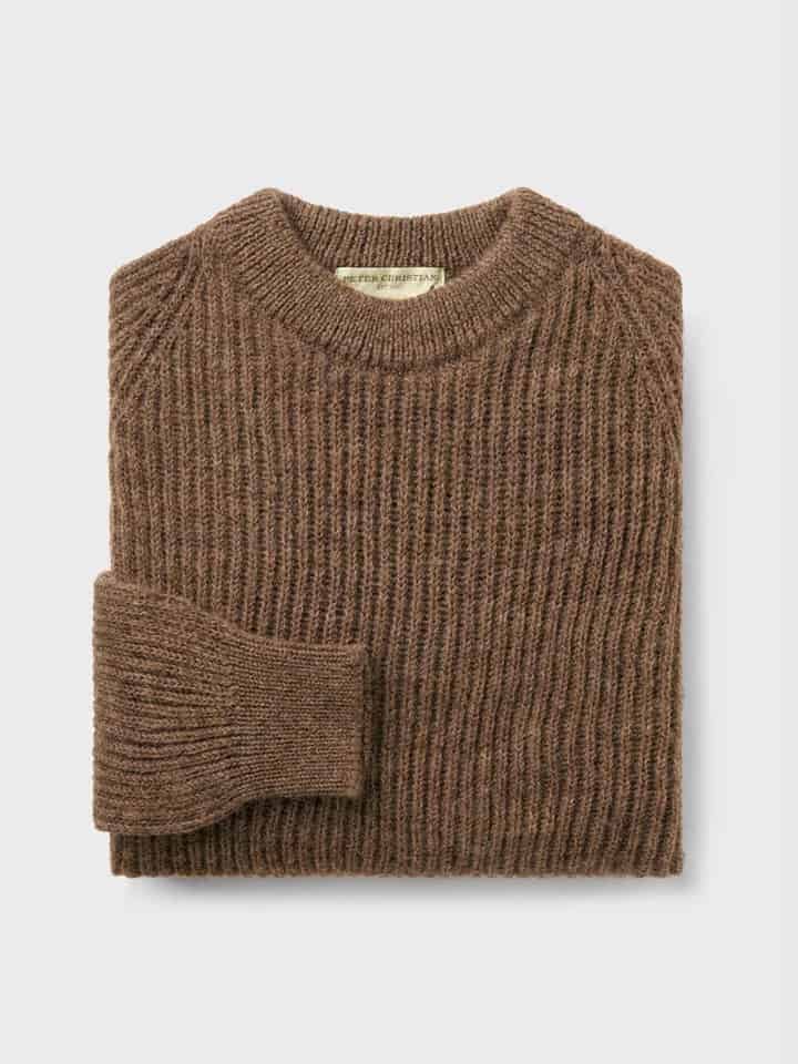 Mens Walnut Pure Wool Ribbed Fisherman Jumper Folded