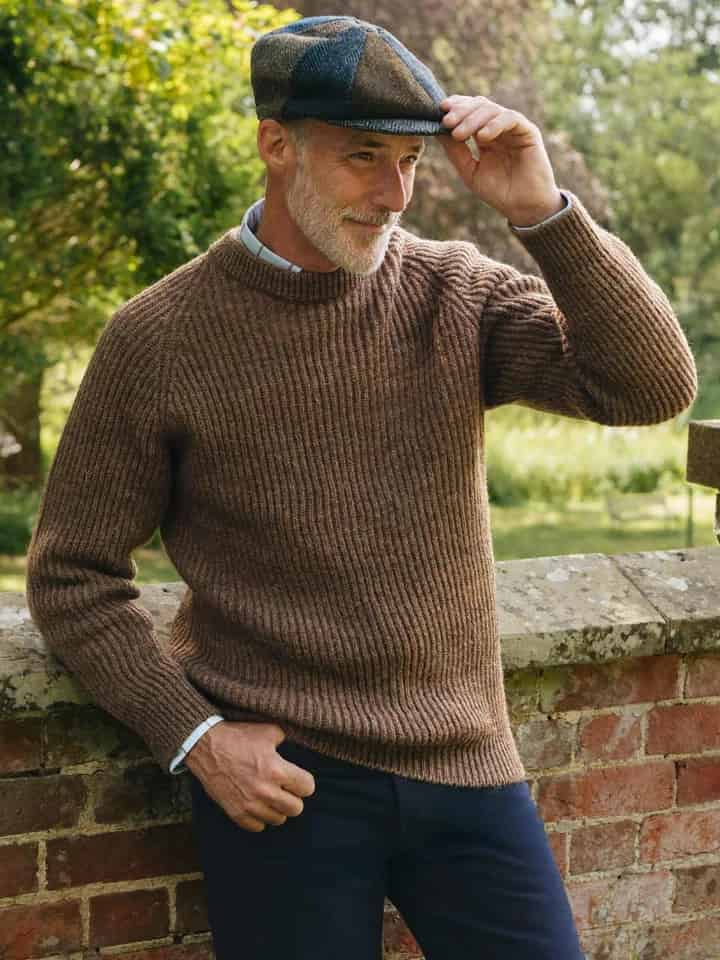 Mens Walnut Brown Pure Wool Ribbed Fisherman Jumper on Model