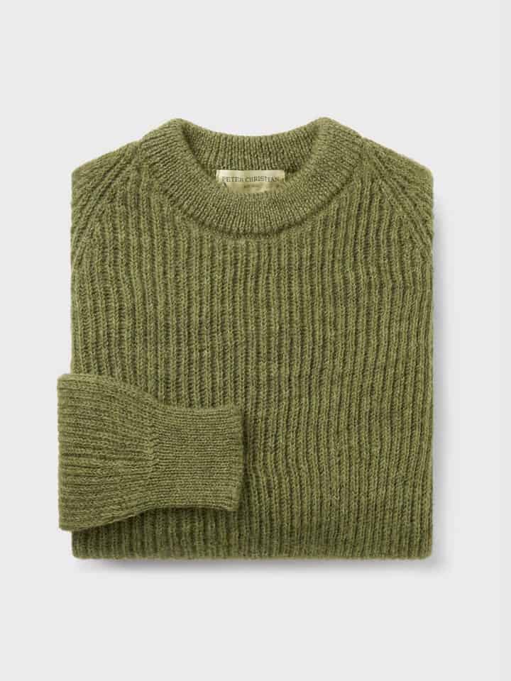 Mens Green Pure Wool Ribbed Fisherman Jumper Folded