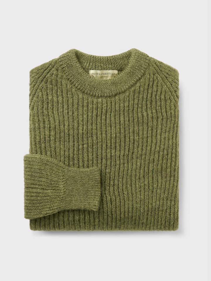 Mens Green Pure Wool Ribbed Fisherman Jumper Folded