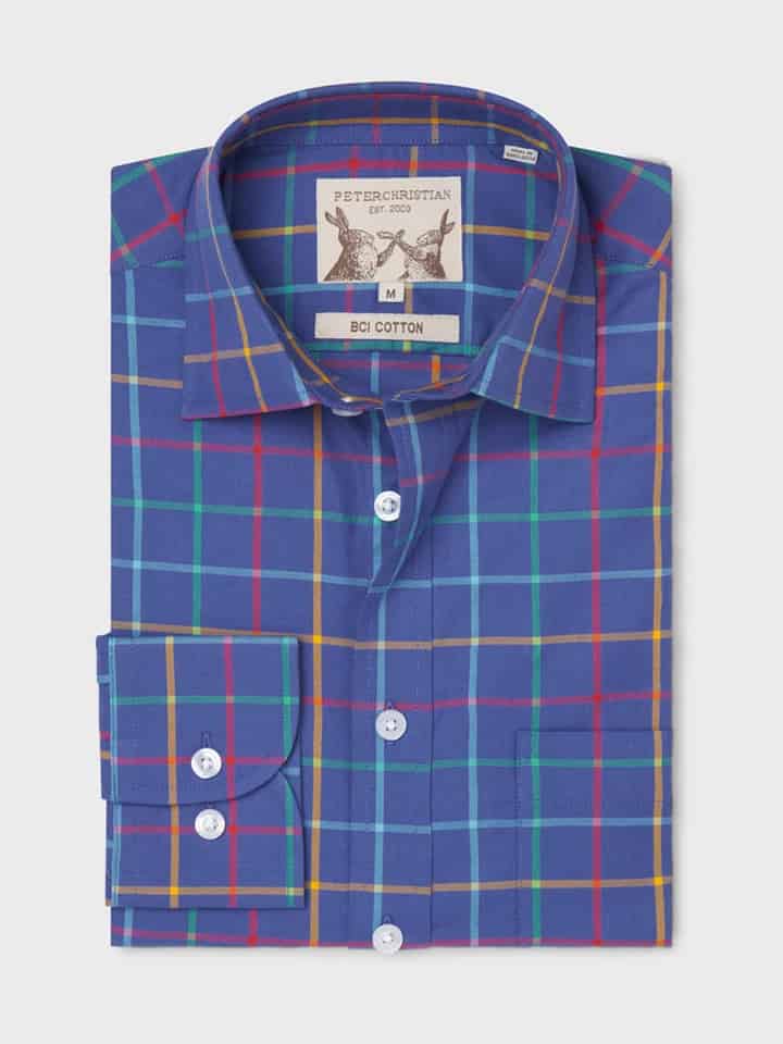 Mens Blue Check Colourful Tattersall Cotton Shirt Folded