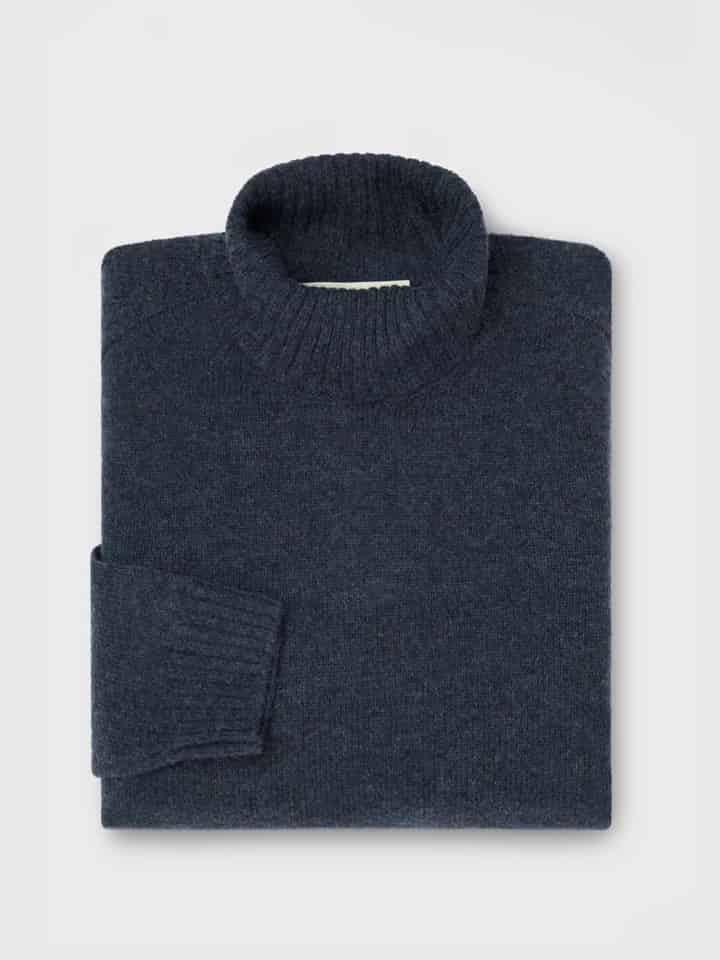 Mens Navy Blue Lambswool Roll Neck Jumper Folded