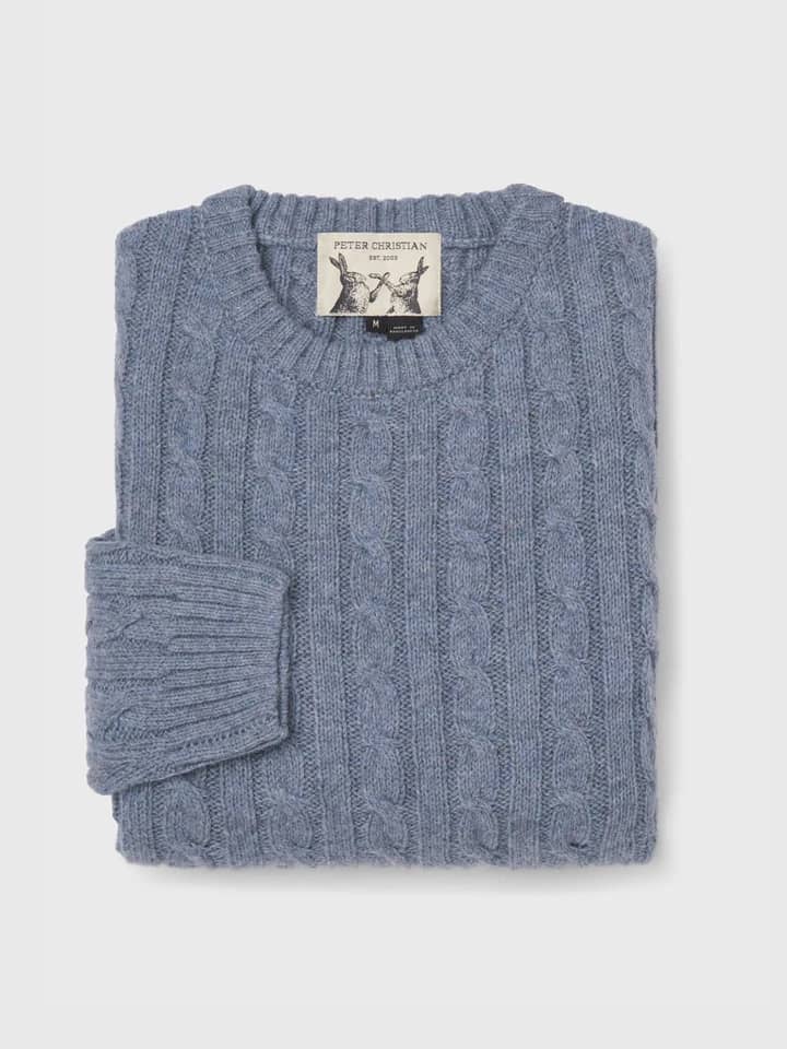 Mens Mist Blue Cable Crew Neck Jumper Folded