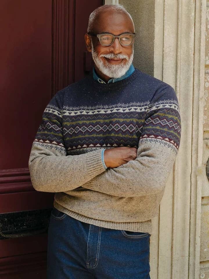 Mens Navy & Stone Fairisle Flecked Crew Neck Jumper on Model